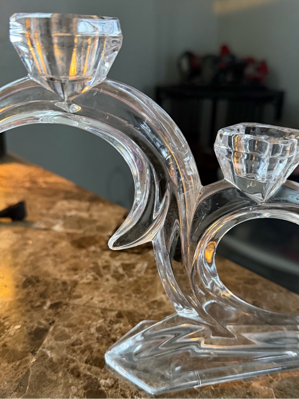 Pair of Clear lead crystal Art Deco German made Double Candle Holders.
